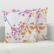 abstract rowan twigs with pink fruits and yellow branches and leaves on off-white linen - large scale