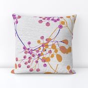 abstract rowan twigs with pink fruits and yellow branches and leaves on off-white linen - large scale