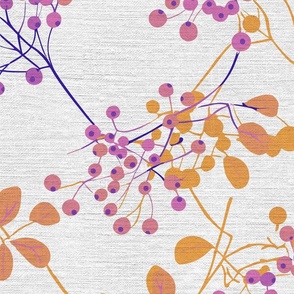 abstract rowan twigs with pink fruits and yellow branches and leaves on off-white linen - large scale