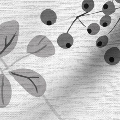 abstract rowan twigs with black and grey fruits, branches and leaves on off-white linen - large scale