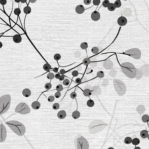 abstract rowan twigs with black and grey fruits, branches and leaves on off-white linen - large scale