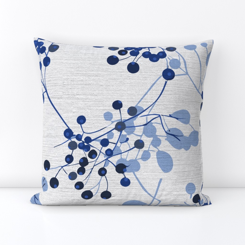 abstract rowan twigs with fruits and blue branches and leaves on off-white linen - large scale