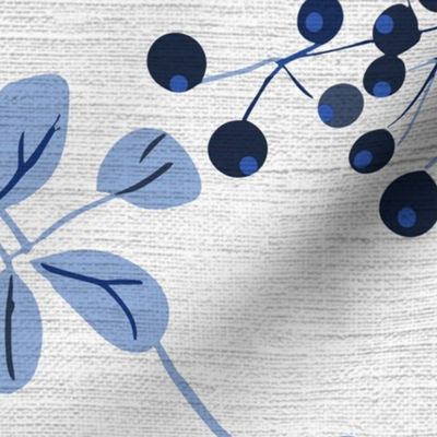 abstract rowan twigs with fruits and blue branches and leaves on off-white linen - large scale
