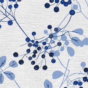 abstract rowan twigs with fruits and blue branches and leaves on off-white linen - large scale