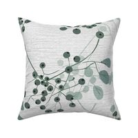 abstract rowan twigs with pastel green fruits, branches and leaves on off-white linen - large scale
