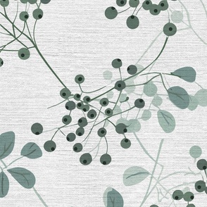 abstract rowan twigs with pastel green fruits, branches and leaves on off-white linen - large scale