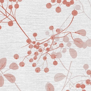 abstract rowan twigs with pastel pink/ red fruits, branches and leaves on off-white linen - large scale