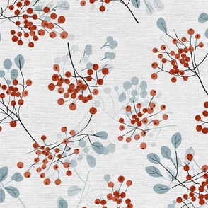 abstract rowan twigs with red fruits and pastel blue branches and leaves on off-white linen - medium scale