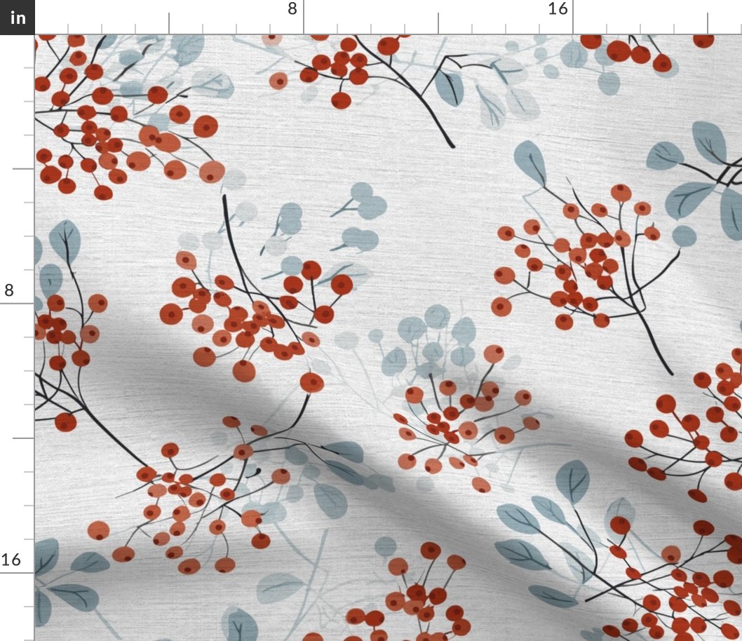 abstract rowan twigs with red fruits and pastel blue branches and leaves on off-white linen - medium scale