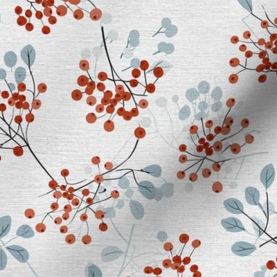 abstract rowan twigs with red fruits and pastel blue branches and leaves on off-white linen - small scale