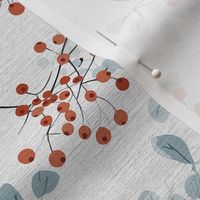 abstract rowan twigs with red fruits and pastel blue branches and leaves on off-white linen - small scale