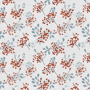 abstract rowan twigs with red fruits and pastel blue branches and leaves on off-white linen - small scale