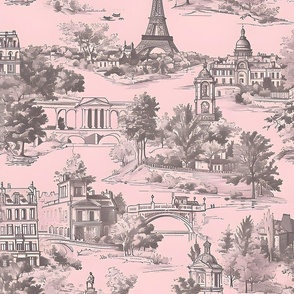 Eiffel Bliss Toile - Pink/Gray Wallpaper - New 
