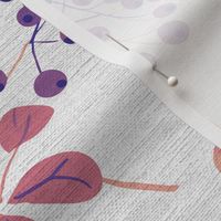 abstract rowan twigs with red fruits and purple branches and leaves on off-white linen - medium scale