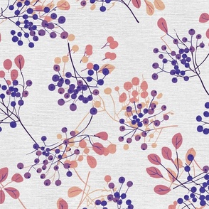 abstract rowan twigs with red fruits and purple branches and leaves on off-white linen - medium scale