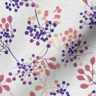 abstract rowan twigs with red fruits and purple branches and leaves on off-white linen - small scale