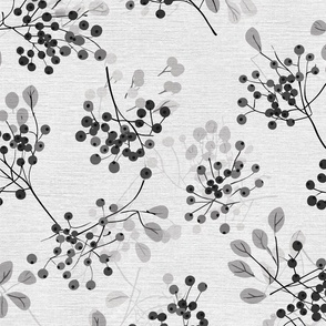 abstract rowan twigs with black and grey fruits, branches and leaves on off-white linen - medium scale