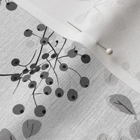 abstract rowan twigs with black and grey fruits, branches and leaves on off-white linen - small scale