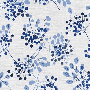 abstract rowan twigs with fruits and blue branches and leaves on off-white linen - medium scale