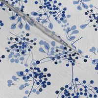 abstract rowan twigs with fruits and blue branches and leaves on off-white linen - small scale
