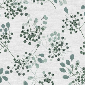 abstract rowan twigs with pastel green fruits, branches and leaves on off-white linen - medium scale