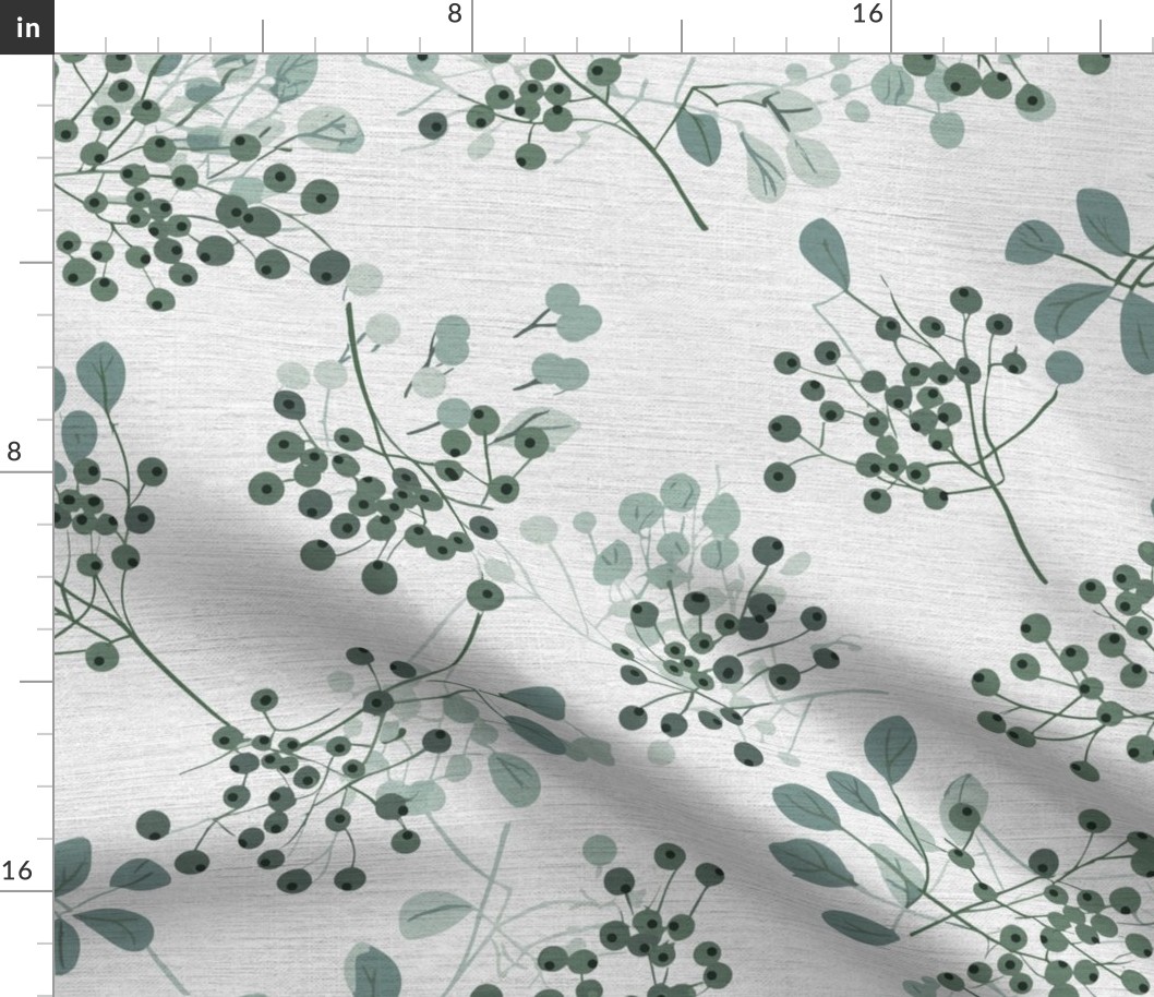 abstract rowan twigs with pastel green fruits, branches and leaves on off-white linen - medium scale