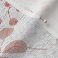abstract rowan twigs with pastel pink/ red fruits, branches and leaves on off-white linen - medium scale