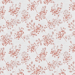 abstract rowan twigs with pastel pink/ red fruits, branches and leaves on off-white linen - small scale