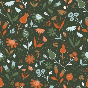 Bloom Burst - Green and Coral - Florals - Flowers - Terracotta - Olive Green - Peach - Daisies - Botanical - Garden