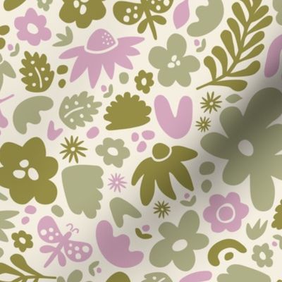 Abstract Woodland Flowers, Leaves and Butterflies in Purple, Green and Cream