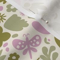 Abstract Woodland Flowers, Leaves and Butterflies in Purple, Green and Cream