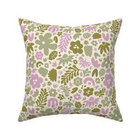 Abstract Woodland Flowers, Leaves and Butterflies in Purple, Green and Cream