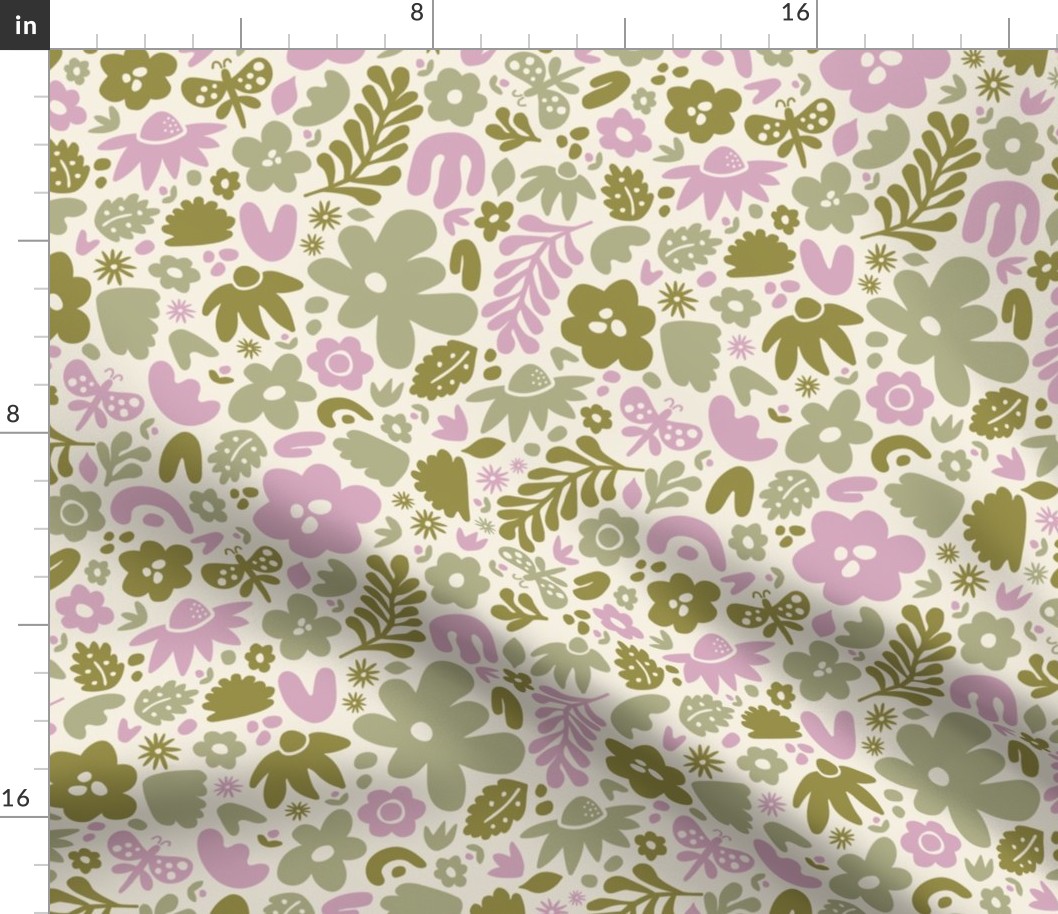 Abstract Woodland Flowers, Leaves and Butterflies in Purple, Green and Cream