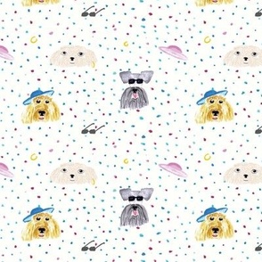 SMALL - Dogs wearing hats, sunglasses, earring in a playful watercolor dot design for kids and dogs