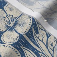 Block print inspired poppy field damask on dusty blue - medium scale - 10.5" as fabric - 12" as wallpaper