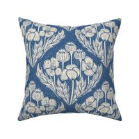 Block print inspired poppy field damask on dusty blue - medium scale - 10.5" as fabric - 12" as wallpaper