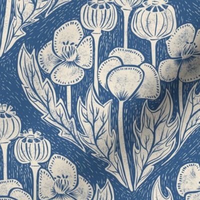 Block print inspired poppy field damask on dusty blue - medium scale - 10.5" as fabric - 12" as wallpaper