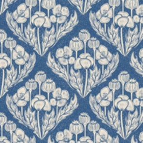 Block print inspired poppy field damask on dusty blue - medium scale - 10.5" as fabric - 12" as wallpaper