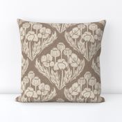 Block print inspired poppy field damask on taupe - medium scale - 10.5" as fabric - 12" as wallpaper