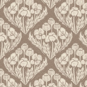 Block print inspired poppy field damask on taupe - medium scale - 10.5" as fabric - 12" as wallpaper