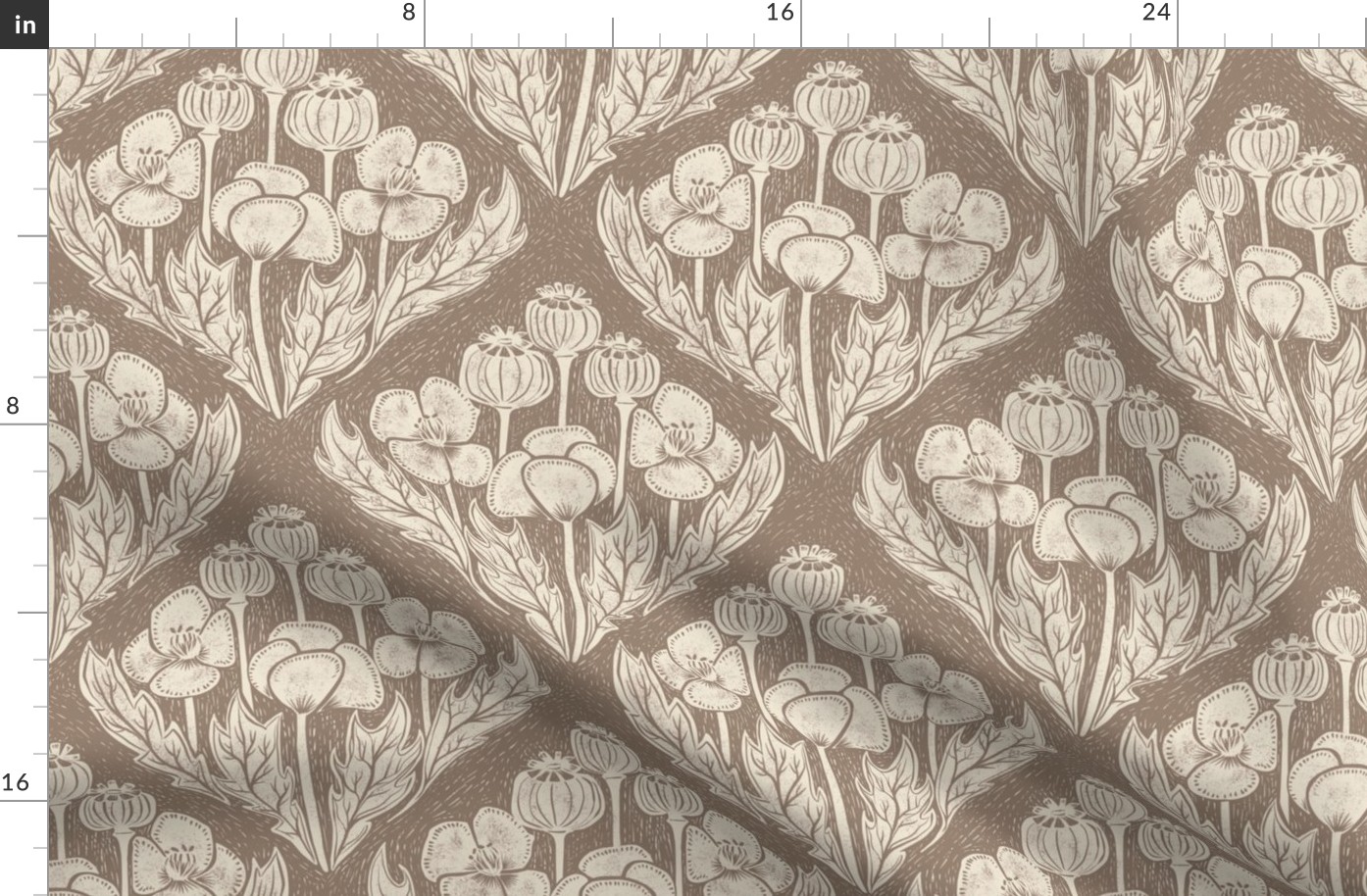 Block print inspired poppy field damask on taupe - medium scale - 10.5" as fabric - 12" as wallpaper