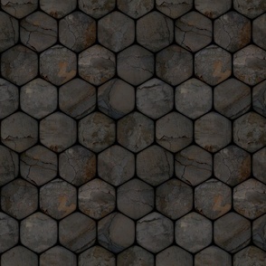 Small, darkly rustic industrial texture behind a black hex-grid