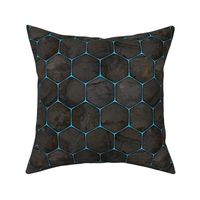 Small.  Darkly rustic industrial texture behind a blue glowing hex-grid