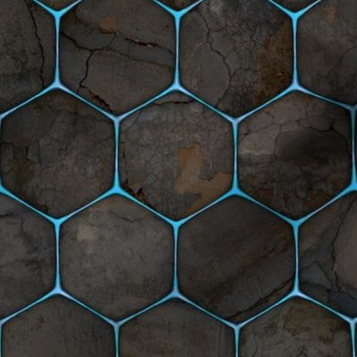 Small.  Darkly rustic industrial texture behind a blue glowing hex-grid