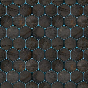 Small.  Darkly rustic industrial texture behind a blue glowing hex-grid