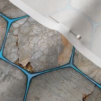 Small, rustic industrial concrete texture behind a glowing blue hex-grid