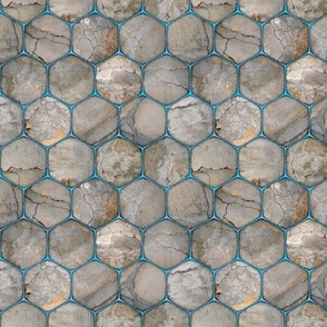 Small, rustic industrial concrete texture behind a glowing blue hex-grid
