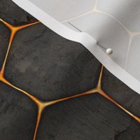 Small, darkly rustic industrial texture behind a gold hex-grid
