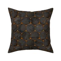 Small, darkly rustic industrial texture behind a gold hex-grid