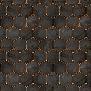 Small, darkly rustic industrial texture behind a gold hex-grid